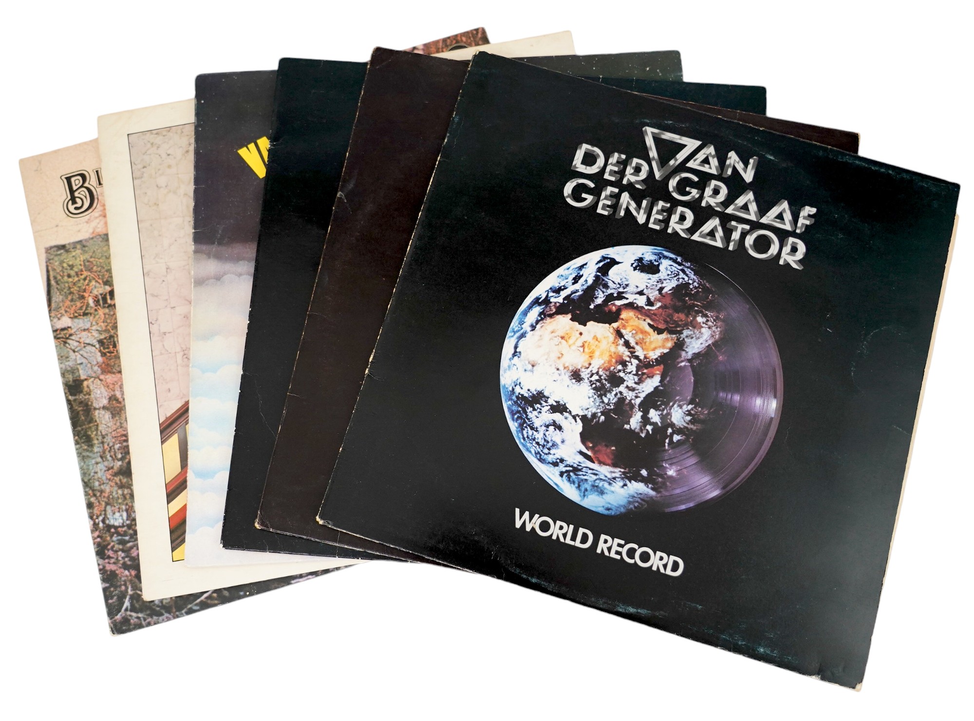 Six Black Sabbath and Van der Graaf Generator LP record albums; World Record and another, Godbluff, 68-71, Technical Ecstasy, Black Sabbath (on WWA label). Condition - fair